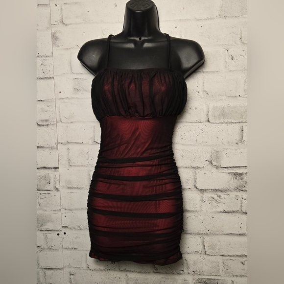 SHEIN Black Red Mesh Ruched Bodycon Mini Dress US 2 - Picture 2 of 13